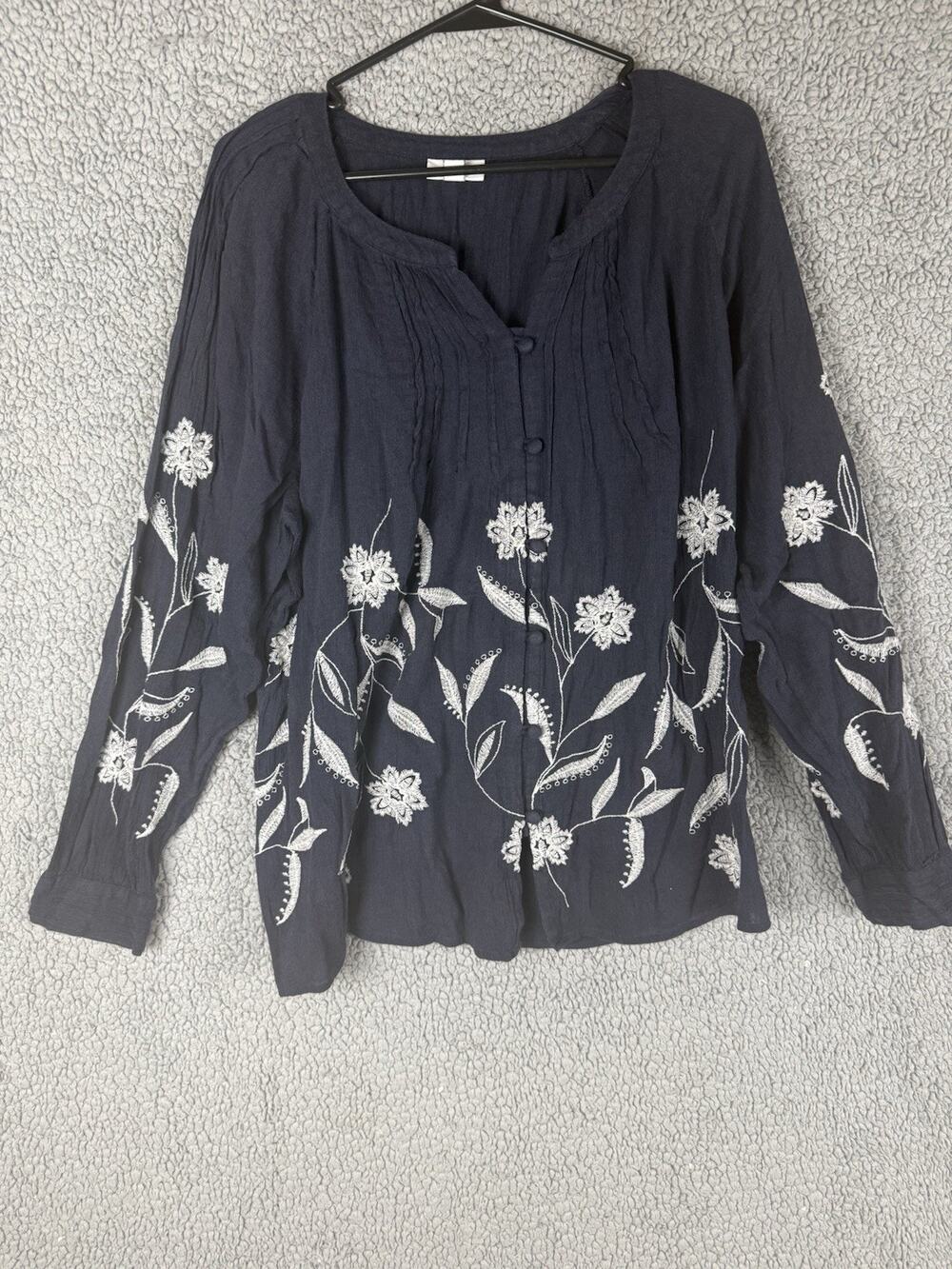 J. Jill Navy Blue Embroidered baby doll tunic size Large